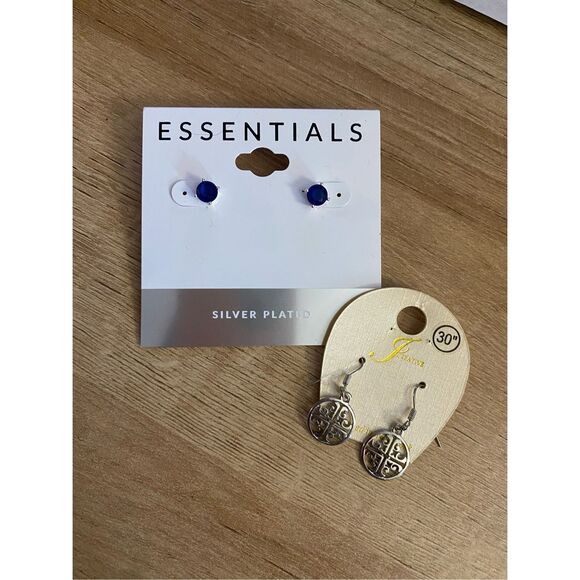 Essentials Silver Blue Studs & J Creative Silver Dangle Earrings Lot of 2 - Picture 1 of 8